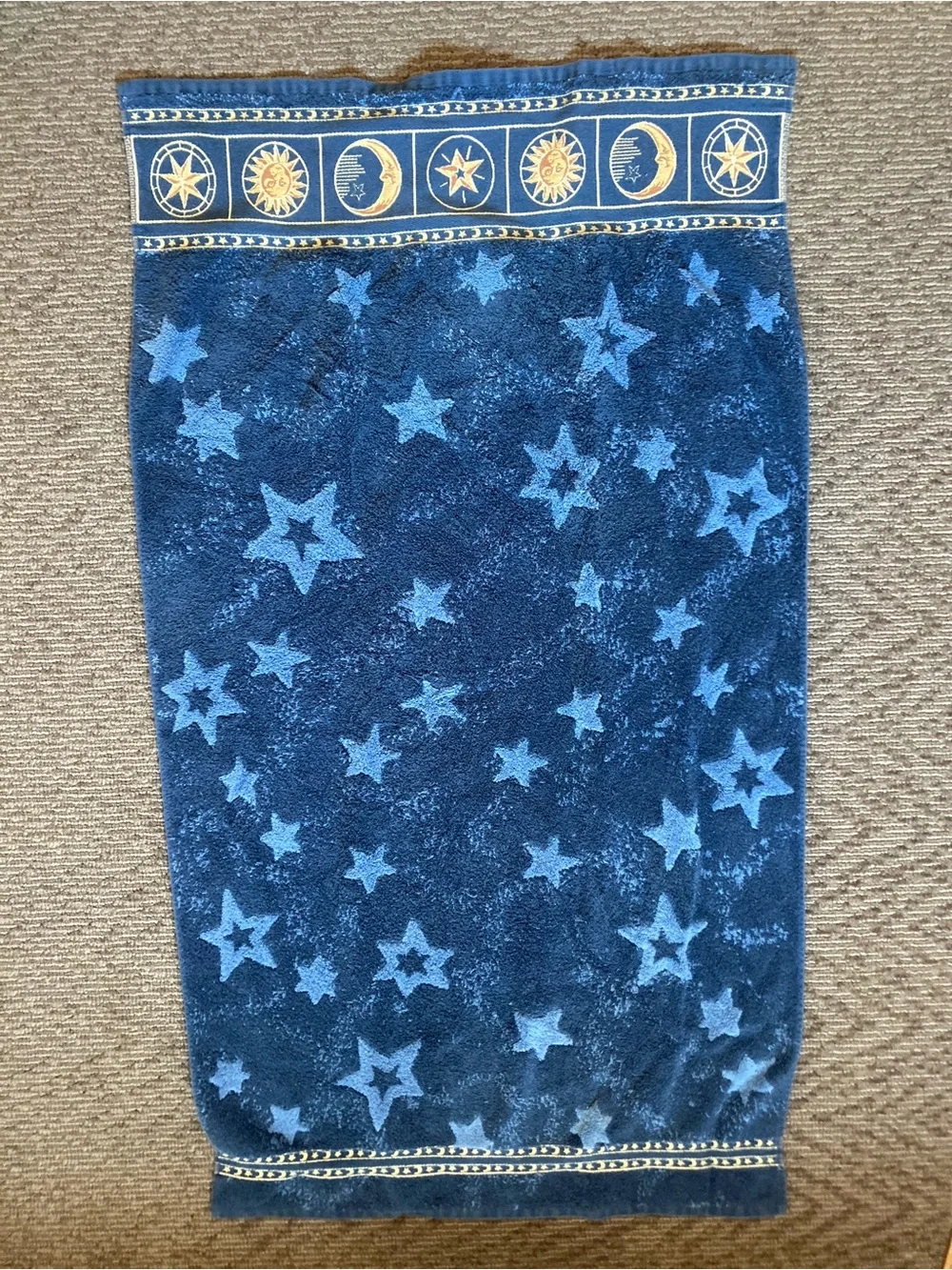 Vtg 90s Springmaid Celestial Bath Towel Navy Blue Sun Moon Stars Y2K Whimsigoth